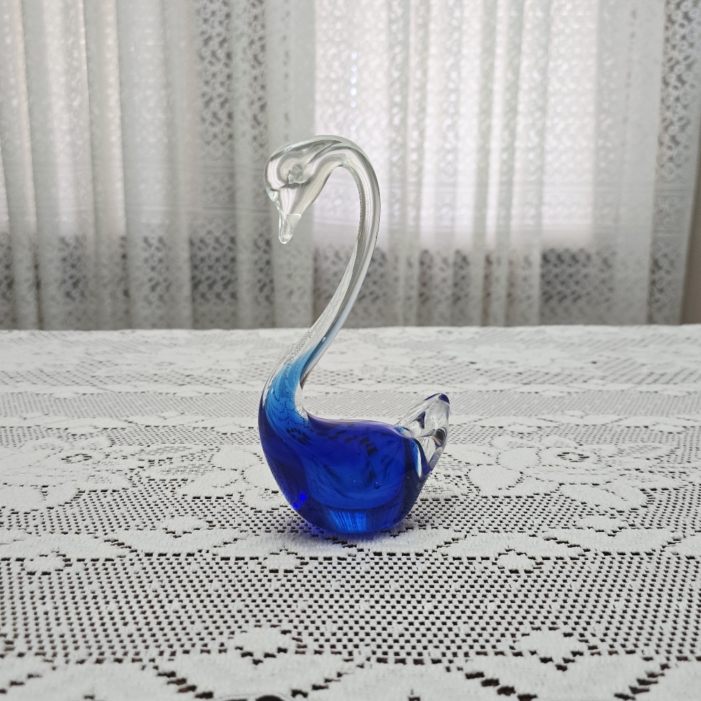 Vtg Hand Blown Art Glass Swan Figurine Blue Clear Paperweight Bird Murano Style